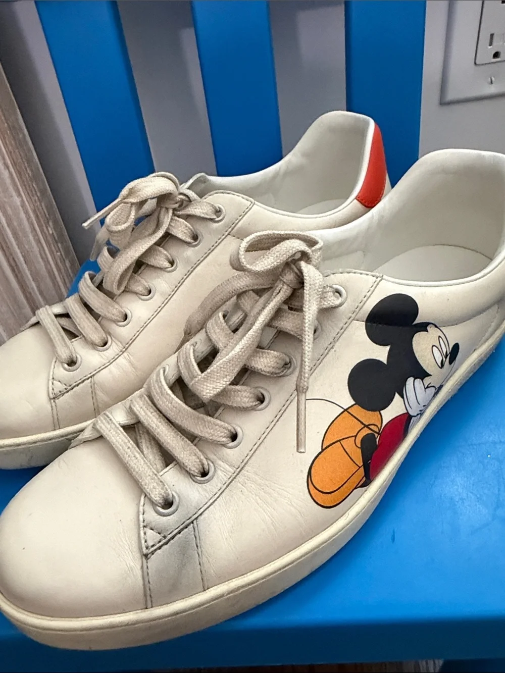 Gucci White Mickey Mouse Sneakers with Red Heel Accent